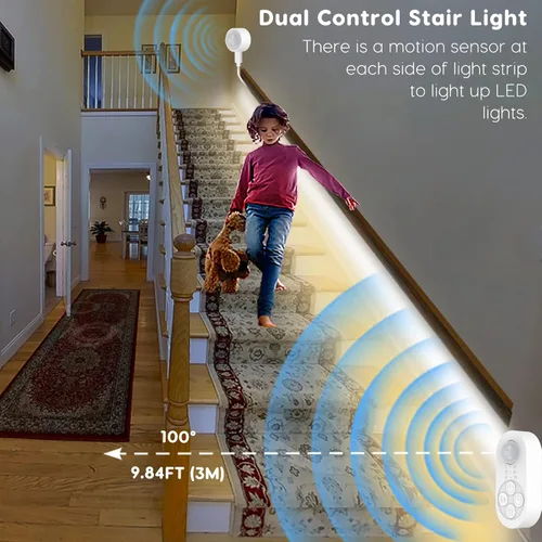 Miniatura 2 de Luces de Escalera con Doble Sensor para Interiores, Tira de Luz para Escalones Activada por Movimiento Enchufable para Interiores con Atenuador