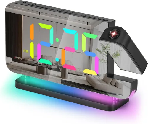 Reloj despertador de proyección, relojes digitales LED RGB de 18.8 cm de pantalla grande, con proyector giratorio de 180°, luz nocturna, puerto de