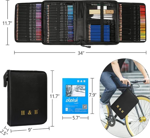 Miniatura 7 de H & B H & B145 PCS Kit de dibujo y arte para niños y adultos, caja de regalo de boceto, colores de sombreado y tintado, incluye lápices de grafito