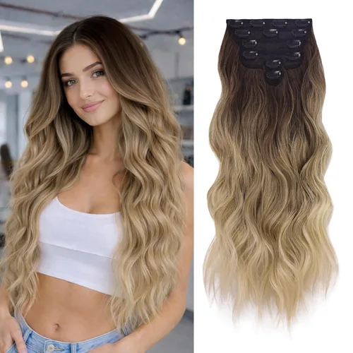 Miniatura 7 de NAYOO Extensiones de cabello con clip, de 20 pulgadas, largo, ondulado, rizado, rubio ceniza, extensiones de cabello sintético de cabeza completa