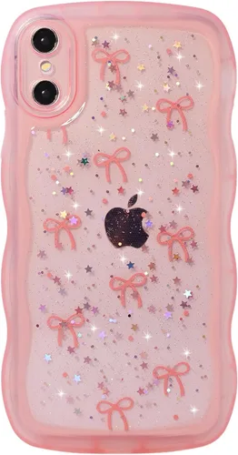 Miniatura 62 de Qokey Funda para iPhone 12 Pro Max de 6.7 pulgadas, diseño de onda rizada, borde transparente, brillante con purpurina, estrella brillante, bonita