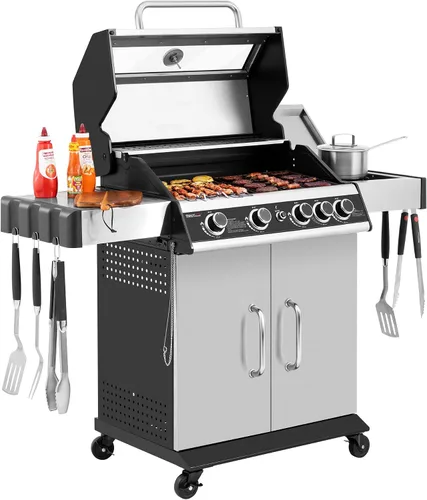 Miniatura 10 de SG5003H - Parrilla de gas de 4 quemadores con quemador lateral con tapa, parrilla de gas propano estilo gabinete, salida de 49,000 BTU para patio al
