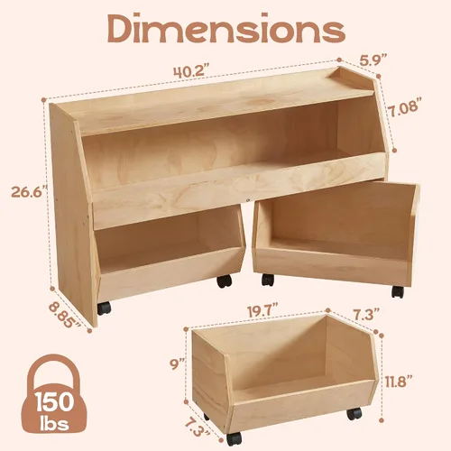 Miniatura 7 de Montessori - Estante organizador de juguetes 3 en 1 para niños con ruedas, 2 cajones extraíbles y armario de almacenamiento de madera de 2 niveles