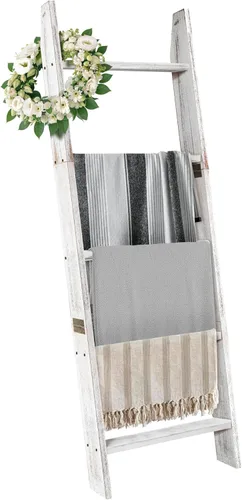 Miniatura 12 de HONEST OUTFITTERS Escaleras para Mantas para la Sala de Estar, Soporte de Mantas de 5 Niveles, Estante de Mantas Inclinado en la Pared, Estantes