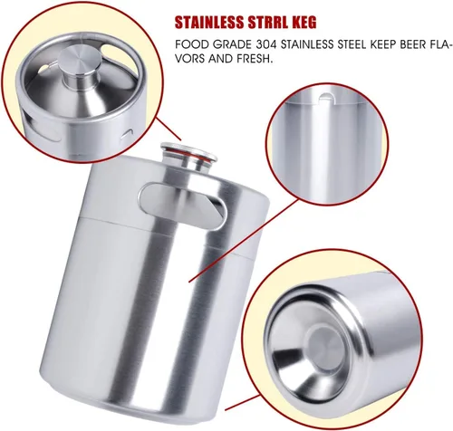 Miniatura 3 de Mini barril Growler, 64 oz de acero inoxidable 304 de 64 onzas, con tapa de perilla de sello, para el hogar, cocina, cerveza, cerveza (2L)