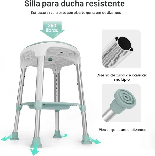 Miniatura 3 de Silla de ducha para ducha interior, taburete de ducha giratorio sin herramientas con bandeja de almacenamiento, silla de bañera ajustable y taburete
