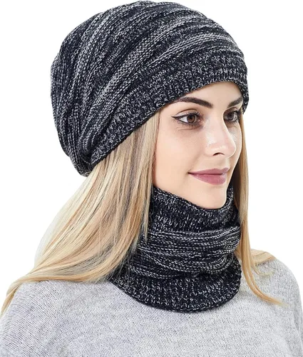 Miniatura 2 de Conjunto de gorro y bufanda para mujer de punto cálido gorro de esquí de invierno con forro polar