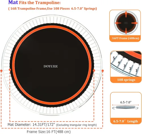 Miniatura 3 de Tapete de repuesto para cama elástica: se adapta a marcos de 16 pies con 108 anillos, se adapta a resortes de 6.5 a 7.0 pulgadas, diámetro