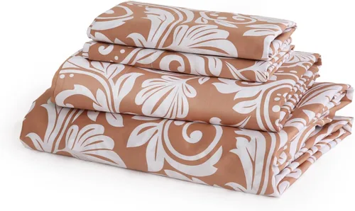 Miniatura 9 de JSD Juego de sábanas de algodón floral beige tamaño individual, sábanas de satén de 300 hilos, suaves, transpirables, sedosas, bolsillo profundo