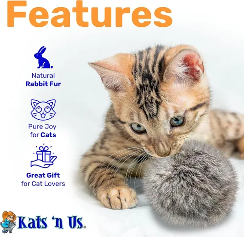 Miniatura 2 de Kats'N Us Juguetes para gatos de piel de conejo real de 2 pulgadas, paquete de 5 bolas peludas grises suaves, juego interactivo natural similar a