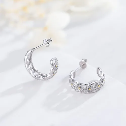 Miniatura 2 de Aretes de aro de margarita para mujeres y niñas, de plata de ley 925, hipoalergénicos, con diseño de margarita, para orejas sensibles, aretes de aro