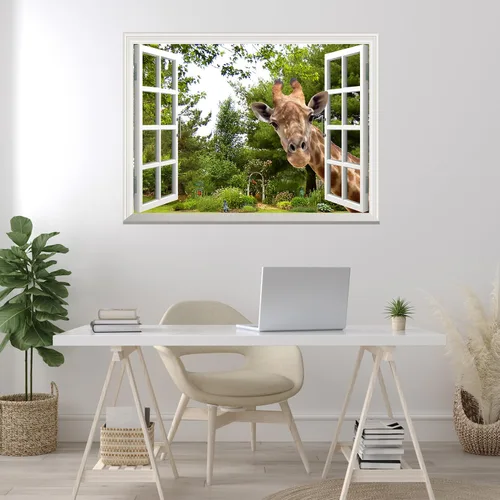 Miniatura 3 de wall26 Calcomanía de pared creativa extraíble – Una jirafa curiosa que pega su cabeza en una ventana abierta, bonito y divertido mural de pared – 24