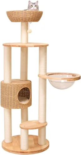 Miniatura 14 de Wood Cat Tree for Large Cats, 50'' Modern Indoor Cat Tower with Basket Beds, Cat Condo & Clear Hammock, Multi-Level Wooden Cat Furniture for Home