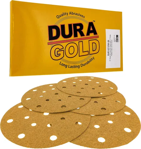 Dura-Gold Discos de lijado dorados de 6 pulgadas de alta calidad, grano 60 (caja de 50), papel de lija de gancho y bucle sin polvo con patrón de 17