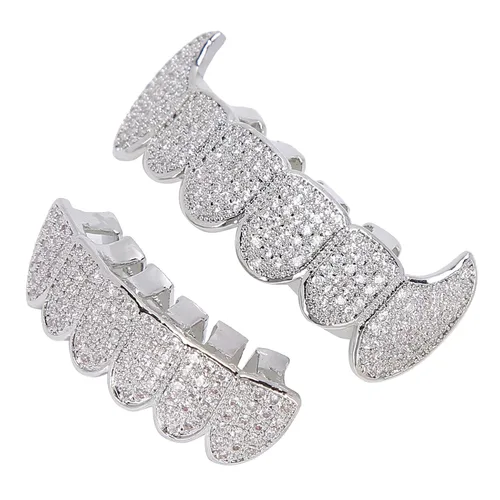 Miniatura 8 de Rejillas de dientes de cobre chapado en frío, oro plateado, dientes de diamante helados para hombres y mujeres rapero traje dientes joyería