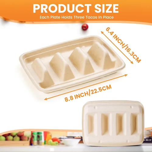Miniatura 6 de 25 soportes desechables para tacos para fiestas, platos de taco de fibra de pulpa de bagazo con 3 divisores, soporte para bandeja de tacos