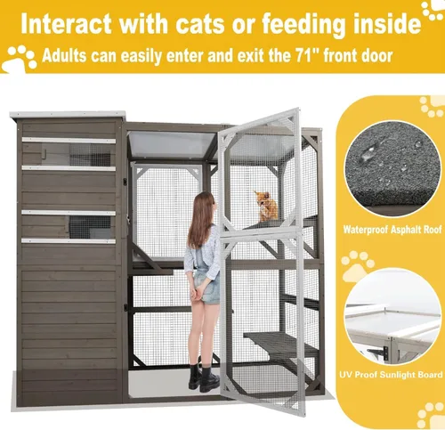 Miniatura 4 de Gowoodhut Catio grandes recintos para exteriores – Casa de madera para gatos resistente a la intemperie con múltiples plataformas y techo resistente