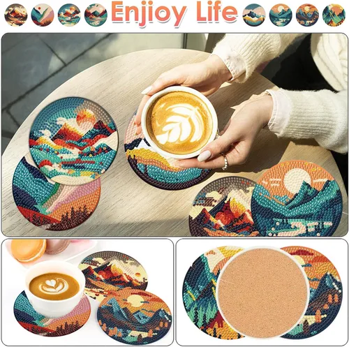 Miniatura 2 de ijbnhd 8 posavasos de pintura de diamante al atardecer con soporte, posavasos de arte abstracto de diamantes para principiantes, suministros