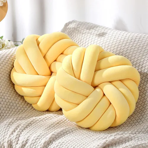 Fumete 2 Piezas Almohadas de Nudo Redondas de 14 Pulgadas, Almohada de Bola de Nudo de Felpa Suave Decorativa, Hecha a Mano, Anudada, Cojín Amarillo