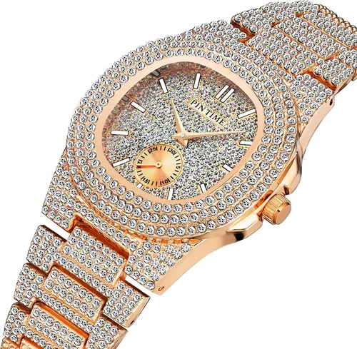 Miniatura 8 de Gosasa Reloj de pulsera unisex de cristal para hombre y mujer, reloj cubano con brillo completo, oblongo de plata/oro, reloj de pulsera de acero