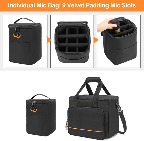 Miniatura 2 de PGmoon Funda de micrófono inalámbrico con 9 ranuras, bolsa de viaje para sistema de micrófono de mano, funda de transporte para cantar, karaoke