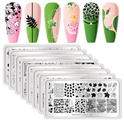Miniatura 15 de Born Pretty Juego de placas de estampado de uñas, flores a cuadros, hojas, encaje, placas de imagen de arte de uñas de primavera a invierno, kit