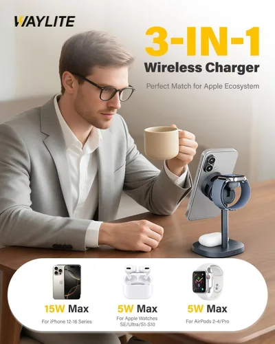 Miniatura 2 de Estación de carga inalámbrica 3 en 1 para soporte de cargador Apple MagSafe, cargador rápido Qi2 de 15 W para teléfono y reloj con refrigeración 15W