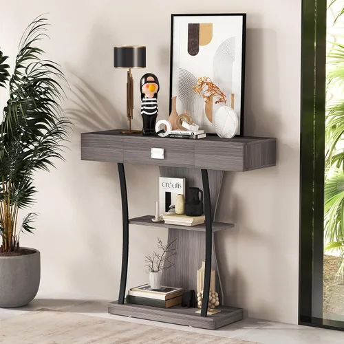 Miniatura 2 de Giantex Mesa consola estrecha en forma de T – Mesa para detrás del sofá con cajón, estantes, kits dobles antivuelcos, moderna mesa de vestíbulo