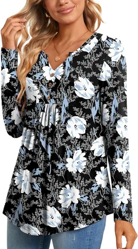 Miniatura 3 de CATHY Blusa tipo túnica de manga larga para mujer, cuello en V, con botones, informal, plisada, básica