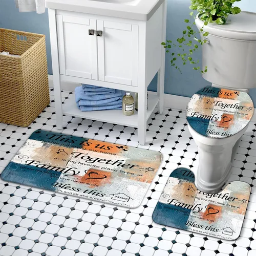 Miniatura 5 de Lnond Juego de 4 Piezas de Cortinas de Ducha para Baño con Alfombras, Azul y Naranja Motivacional Hogar Familia Juegos de Baño con Cortina de Ducha