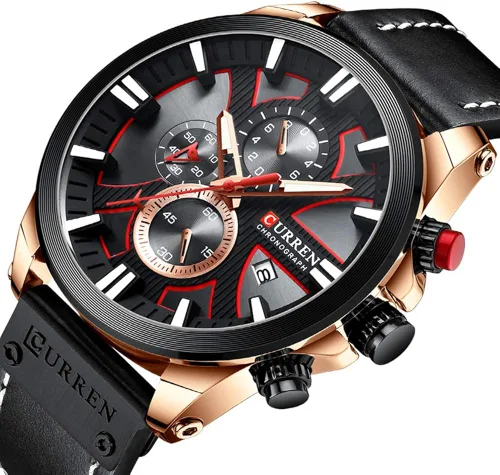 Miniatura 5 de CURREN Relojes de lujo para hombre, cronógrafo de lujo, esfera grande, reloj de pulsera de cuero, impermeable, deportivo, militar, militar, Negro