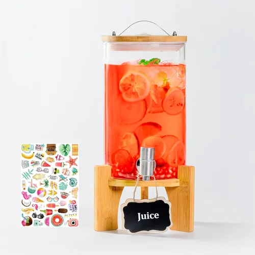 Dispensador de bebidas de vidrio grande de 1.2 galones para fiestas, dispensador de bebidas con soporte de madera de bambú y grifo de acero
