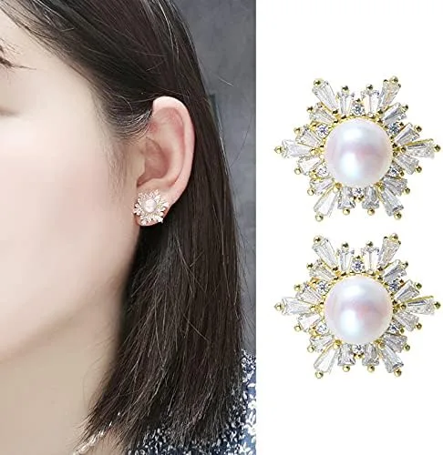 Miniatura 4 de Kasoo Pendiente de perlas cultivadas de agua dulce con flores, regalo para mujer, Oro, Perla