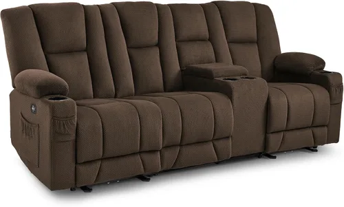 MCombo Zero Gravity - Sofá reclinable eléctrico de 3 plazas con consola, masaje de calor y vibración, sofá reclinable para sala de estar, tela Marrón