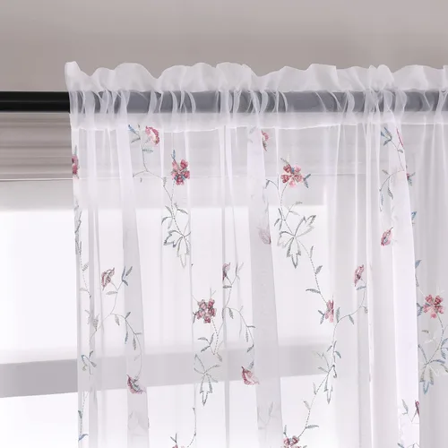 Miniatura 9 de Taisier Home Cortinas Traslúcidas Blancas Florales con Estampado de Flores y Bordado de Enredaderas para Dormitorio, Cortina con Bolsillo