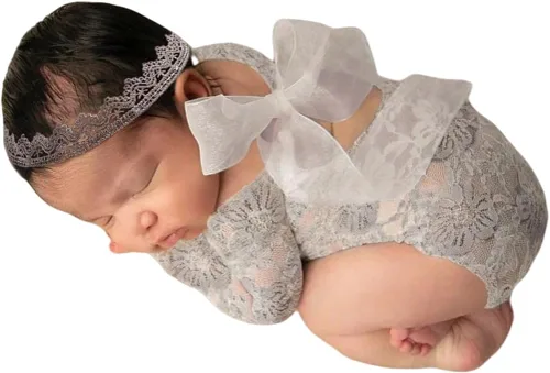 Miniatura 11 de Traje de fotografía para bebé, traje de encaje para recién nacido, sesión de fotos, diadema de flores, disfraz de princesa beige a