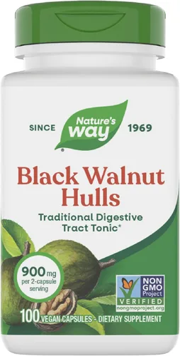 Nature's Way Black Walnut Hulls, tónico tradicional del tracto digestivo*, 900 mg por porción de 2 cápsulas, proyecto verificado sin OMG, vegano,