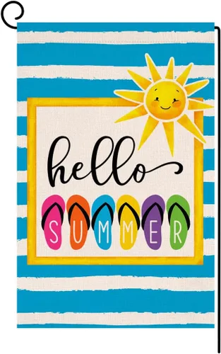 Bandera de jardín de playa con texto en inglés «Hello Summer» de 12 x 18 pulgadas, vertical, de doble cara, coloridas, para decoración exterior,