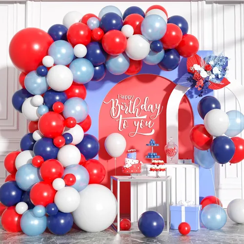 Kit de arco de globos rojos, blancos y azules, globos de látex azul marino perla azul claro, rojo y blanco, guirnalda de globos de cumpleaños azul y