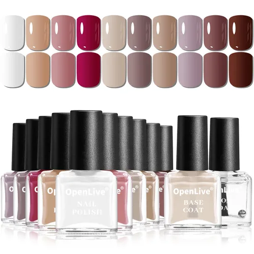 OpenLive Juego de 12 esmaltes de uñas de 10 colores con 2 capas base y capa superior, secado rápido, color nude, marrón, blanco, rojo, regalo de