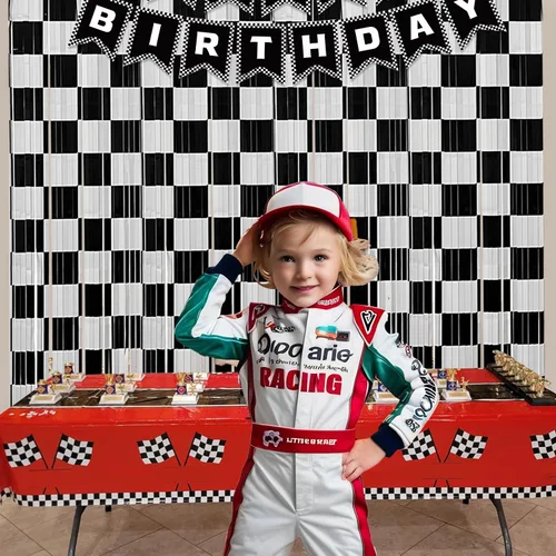 Miniatura 2 de Decoración de telón de fondo de serpentinas para fiesta de cumpleaños de auto de carreras, 2 piezas de cortina de flecos de papel de aluminio a