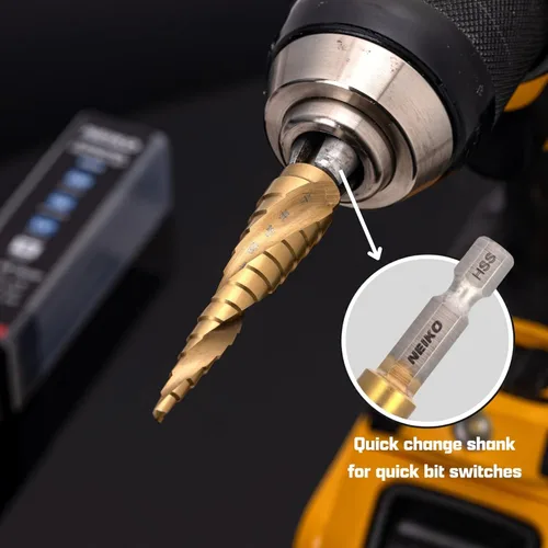 Miniatura 6 de NEIKO 10602A Step Drill Bit, 13 Steps 1/8" to 1/2" Spiral High Speed Steel, Titanium Nitride Coated, 1/4" Quick Change Step Bits for Steel, Metal