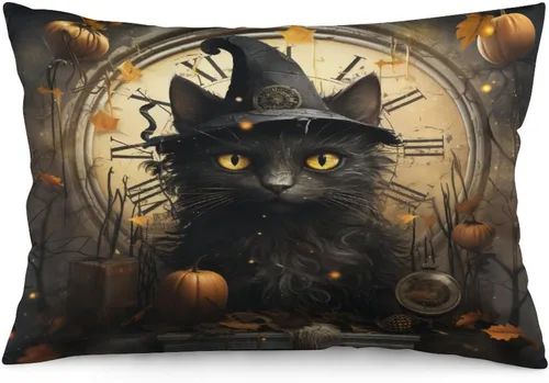 Miniatura 23 de Funda de almohada con sombrero de bruja con diseño de gato de 20 x 30 pulgadas, diseño de impresión de doble cara con cremallera invisible, Patrón 8