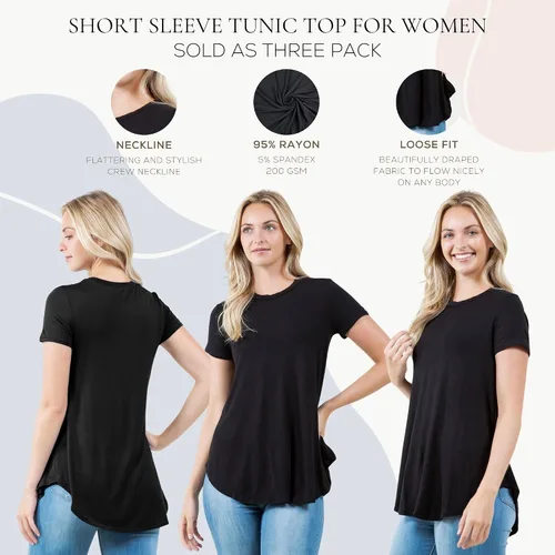 Miniatura 4 de Azules Blusa larga de manga corta para mujer, con cuello redondo y dobladillo curvado, suave y elástica