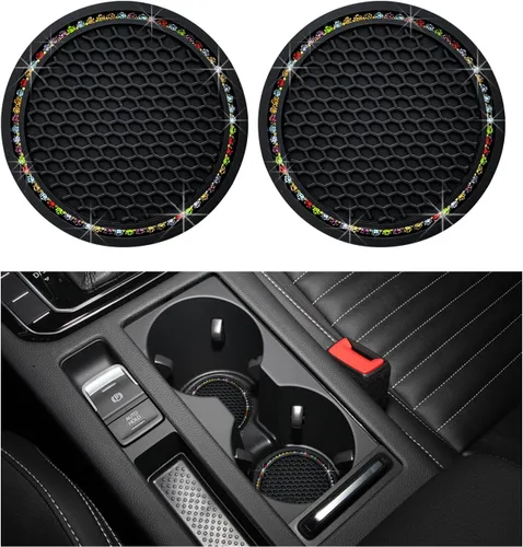 Miniatura 14 de Dickno 2 piezas de portavasos brillantes para automóvil, portavasos de inserción para taza de automóvil de 7 cm con diamantes de imitación, tapete