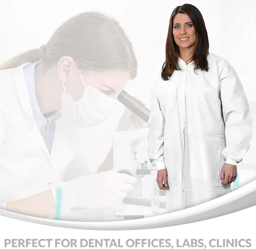 Miniatura 4 de Medical Nation Paquete de 10 abrigos de laboratorio desechables Abrigo de laboratorio duradero de 1.76 oz SMS hasta la rodilla, reutilizable