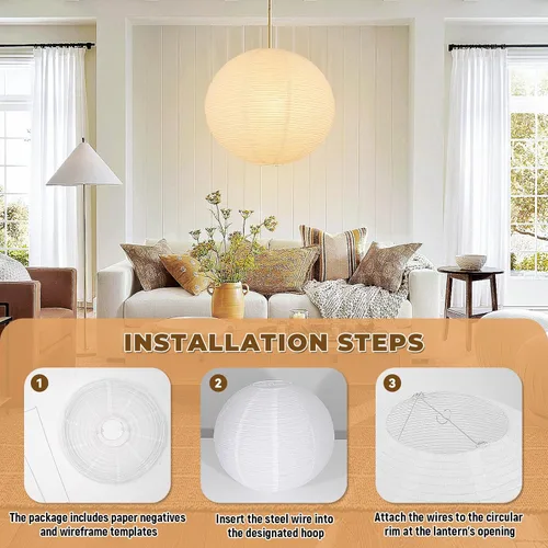 Miniatura 5 de Pantalla de lámpara de linterna de papel redonda blanca, pantalla de luz colgante de linternas de papel grandes de 20"x20", diseño plegable chino