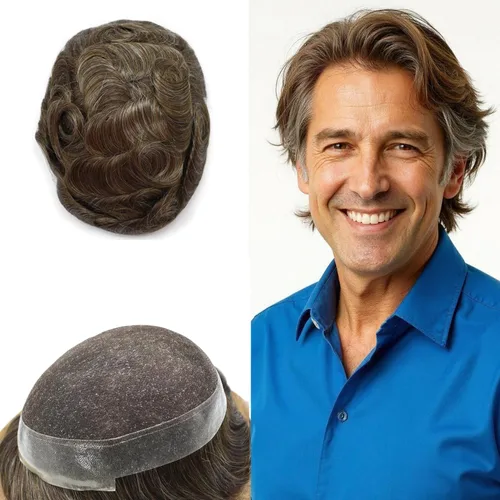 Miniatura 60 de Toupee para hombres Sistema de reemplazo de cabello humano real pieza de cabello humano para hombres encaje suizo para hombre Toupee Hair Pieces