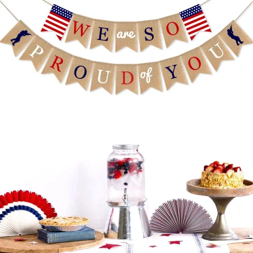 Miniatura 6 de Decoraciones para fiesta del Día de los Veteranos, bandera estadounidense con la frase "We Are so Proud of You", con soldados patrióticos, Día