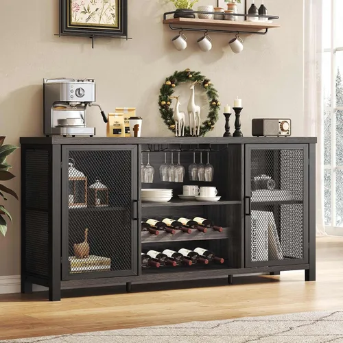 Launica - Gabinete de barra de licores industrial, gabinete de vino rústico, gabinete de aparador buffet para licores y vasos, gabinete de barra de